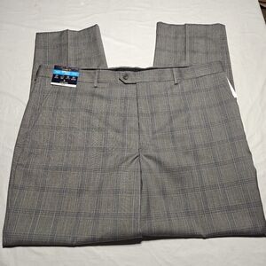 Stafford Mens Classic Fit Comfort Stretch Wool Blend Grey Navy Plaid Pants 42X32